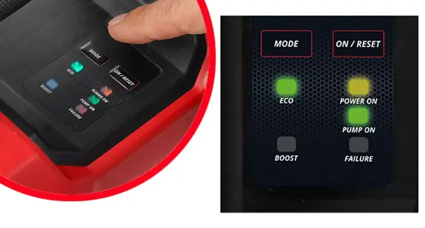 Statusanzeige der Einhell Akku-Gartenpumpe AQUINNA 18/30 F LED AUTOMATIC mit Leuchtfeldern für ECO, Power ON, Pump ON, BOOST und FAILURE.
