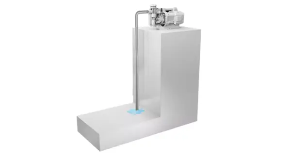 Grafische Darstellung der Trockenlaufsicherung der Einhell Akku-Gartenpumpe AQUINNA 18/30 F LED AUTOMATIC mit Ansaugrohr und minimalem Wasserstand.