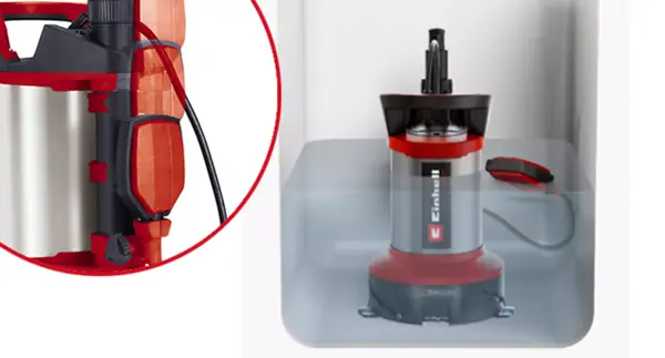 Ponorné čerpadlo Einhell Flutset GE-DP 7535 N LL v nádobě napůl naplněné vodou; vlevo detailní pohled na integrovaný plovákový spínač.