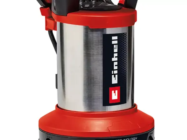 Spodní část tělesa čerpadla Einhell Flutset GE-DP 7535 N LL s nerezovým pláštěm a červeným dnem.