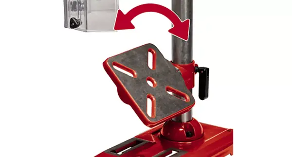 Grafické znázornění nastavení otočného a naklápěcího vrtacího stolu stolní vrtačky Einhell TE-BD 550 E.