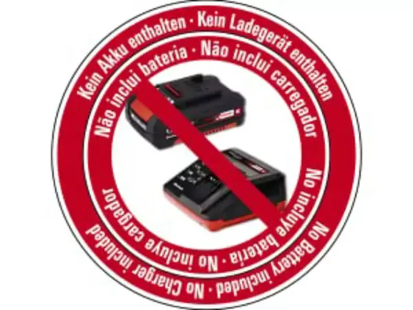 Symbolbild mit durchgestrichenem Akku und Ladegerät, umrahmt von mehrsprachigem Hinweis „Kein Akku/Ladegerät enthalten“.