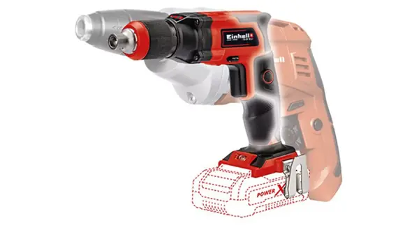 Vergleichsgrafik: Der Einhell Akku-Trockenbauschrauber TE-DY 18 Li im Vordergrund ist kleiner als ein ausgegrautes Vergleichsmodell im Hintergrund.