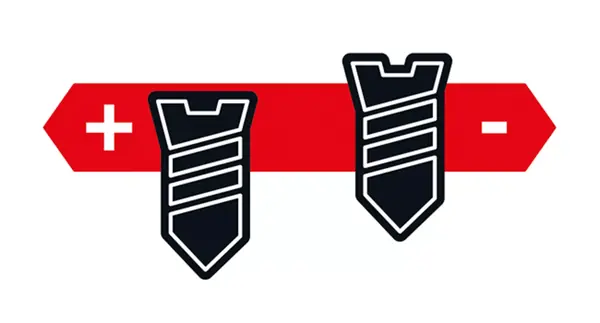 Grafische Darstellung der Tiefenfixierung: Zwei Schraubensymbole auf rotem Pfeil mit Plus- und Minuszeichen zur Regulierung der Einschraubtiefe.
