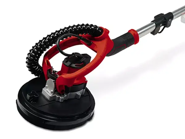 Akumulátorová bruska na sádrokarton Einhell TP-DW 18/225 Li s připojenou hadicí pro odsávání prachu.