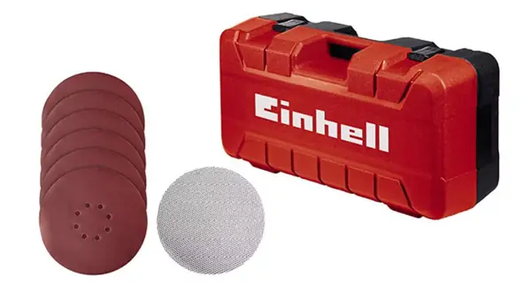 Obsah balení akumulátorové brusky na sádrokarton Einhell TP-DW 18/225 Li s brusnými kotouči a červeným kufrem Einhell.