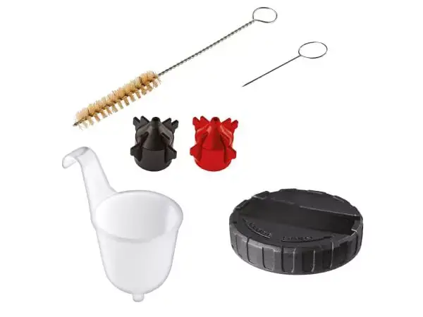 Zubehör für die Einhell Farbsprühpistole TC-SY 500 P, darunter Reinigungsbürsten, Düse, Messbecher und Behälterdeckel.