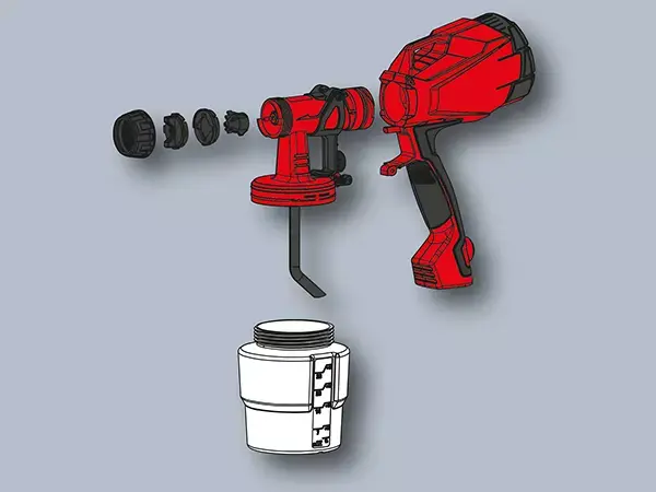 Darstellung der Reinigungsmöglichkeit der Einhell Farbsprühpistole TC-SY 500 P durch abnehmbaren Sprühkopf.