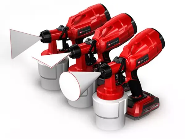 Mehrere Einhell Farbsprühsysteme TC-SY 18/60 Li-Solo mit verstellbarer Lüfterklappe für verschiedene Sprühmodi, ohne Akku.