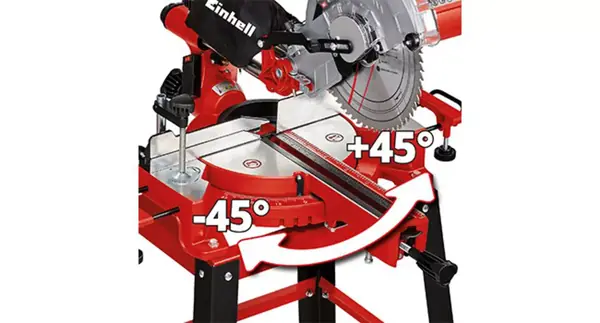 Naklápěcí pilová hlava pokosové pily Einhell TC-SM 2531/2 U umožňuje řezy v úhlu až 45°.