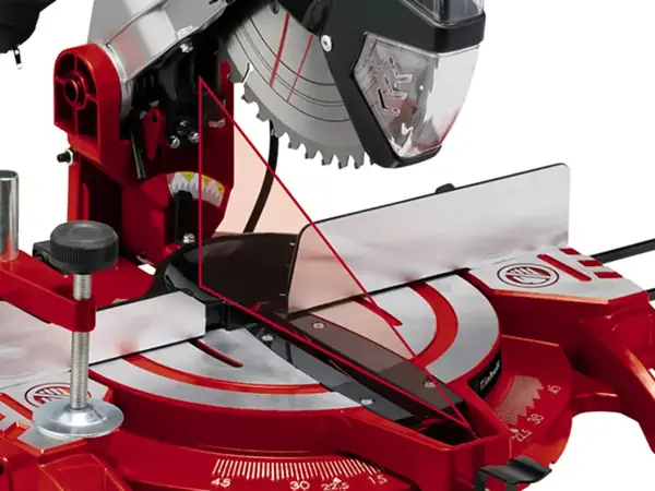 Integrovaný laser pro linii řezu posuvné pokosové pily Einhell TC-SM 2531/2 U ukazuje přesnou řeznou hranu na obrobku.