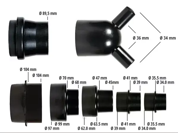 Na obrázku je znázorněn obsah dodávky s různými adaptéry pro připojení hadice k různým nástrojům.