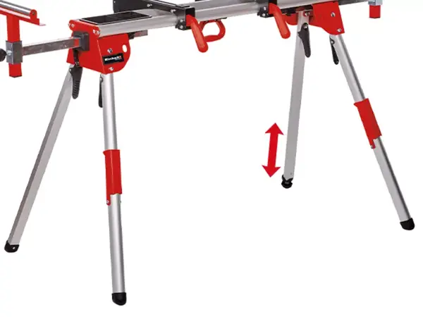 Příslušenství pro pily Einhell MSS 1610 s rozloženými nohami a viditelnou červenou aretační pákou.