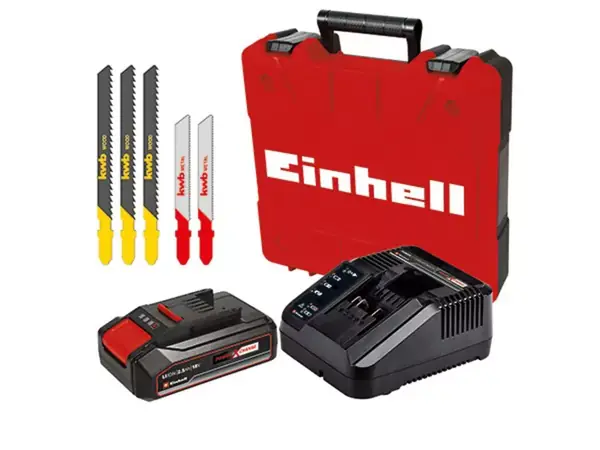 Celkový pohled na obsah sady: akumulátorová přímočará pila Einhell TC-JS 18 Li, 5 pilových listů, 1x 2,5 Ah baterie, nabíječka a červené přepravní pouzdro