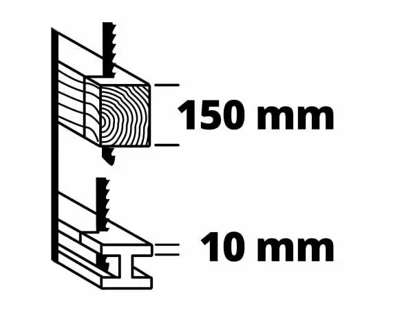 Grafika s maximálními hloubkami řezu univerzální pily Einhell TE-AP 750 E: 150 mm do dřeva, 10 mm do kovu.