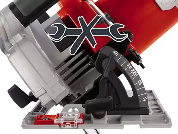 Symbolická grafika pro výměnu pilového kotouče bez použití nářadí u ruční kotoučové pily Einhell TE-CS 165 s červeným křížovým symbolem.