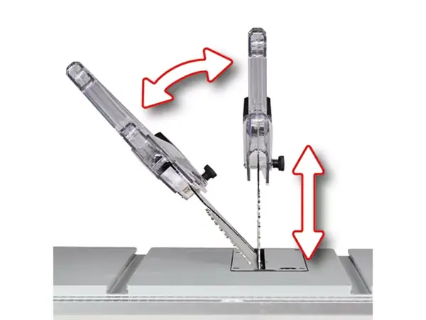 Kombinované nastavení výšky a sklonu pilového kotouče stolní pily Einhell TE-TS 254 T s grafickým označením šipkou.