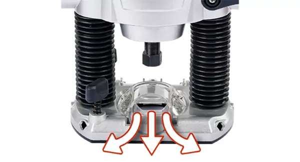 Unterseite der Einhell Oberfräse TC-RO 1155 E mit Staubabsaugadapter, grafisch hervorgehoben durch rote Pfeile.