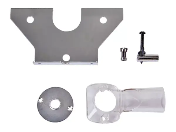 Zubehörset der Einhell Oberfräse TC-RO 1155 E mit Anschlag, Kopierring, Spannschlüssel und Adapter.