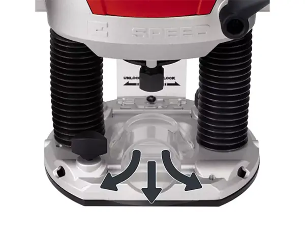 Spodní strana horní frézky Einhell TE-RO 1255 E s přípojkou pro odsávání prachu a průhledným krytem.