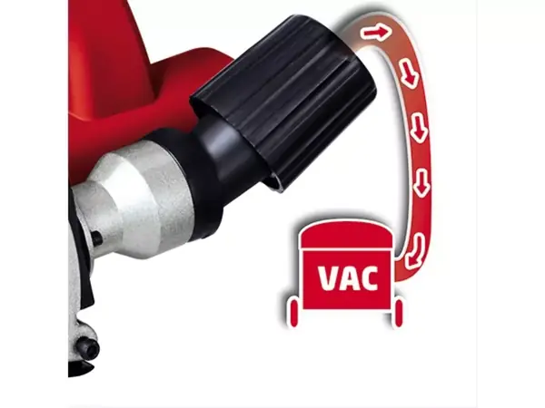 Přípojka pro odsávání prachu u drážkovací frézky Einhell TC-MA 1300 se symbolem pro externí odsávání.