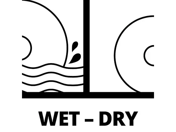 Symbolová grafika s vodou a jiskrami k označení mokrého a suchého broušení (WET – DRY).
