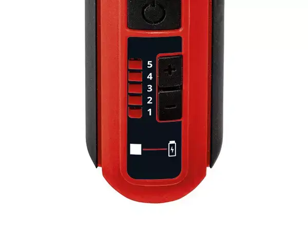 Nahaufnahme der LED-Anzeige und Bedienelemente am Griff des Einhell Akku-Schleif-/Gravur-Werkzeugs TE-MT 7,2 Li.