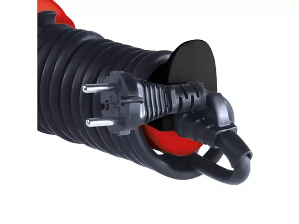 Navíjení kabelu úhlové brusky Einhell TE-AG 230/2000 s integrovaným držákem zástrčky.