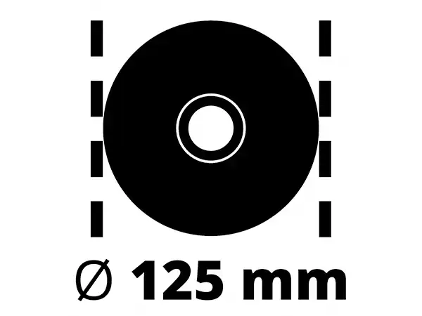 Symbol grafiky s řezným kotoučem a nápisem „O 125 mm“ označující velikost kotouče u úhlové brusky TE-AG 125 CE.