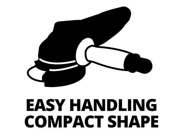 Symbolická grafika ruky s úhlovou bruskou a nápisem „EASY HANDLING COMPACT SHAPE“ jako upozornění na přídavnou rukojeť se Softgrip.