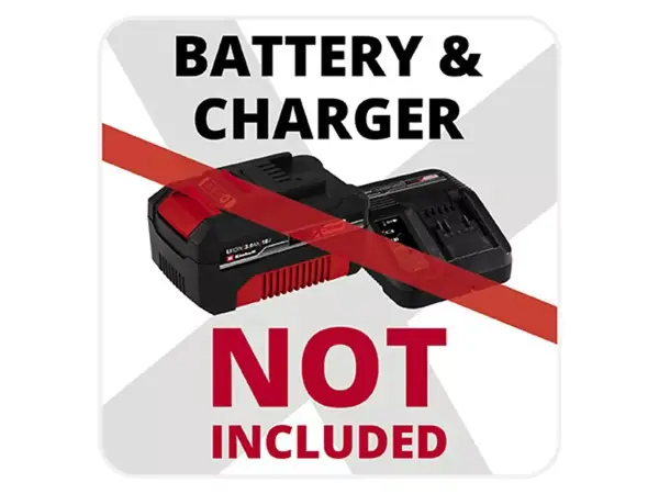 Ilustrační obrázek s přeškrtnutým akumulátorem a nabíječkou a upozorněním „Battery & Charger NOT included“.