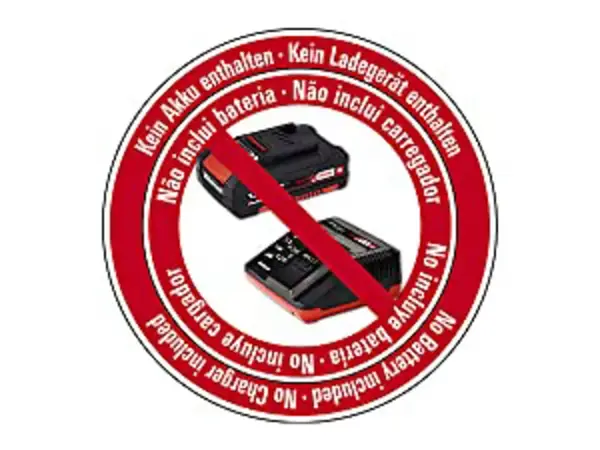 Ilustrační obrázek s přeškrtnutým akumulátorem a nabíječkou, doplněný vícejazyčným upozorněním „Akumulátor/nabíječka nejsou součástí balení“.