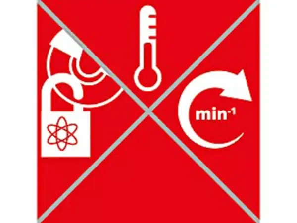 Červená grafika se symboly pro ochranu proti přetížení, pozvolný rozběh a ochranu proti opětovnému spuštění.