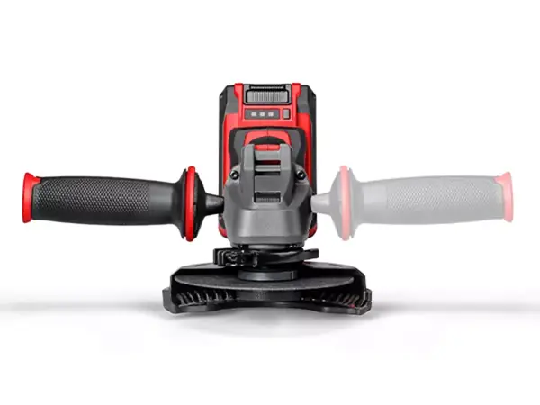 Frontansicht mit beidseitig montierbarem Handgriff am Einhell Winkelschleifer AXXIO 18/125 Q.