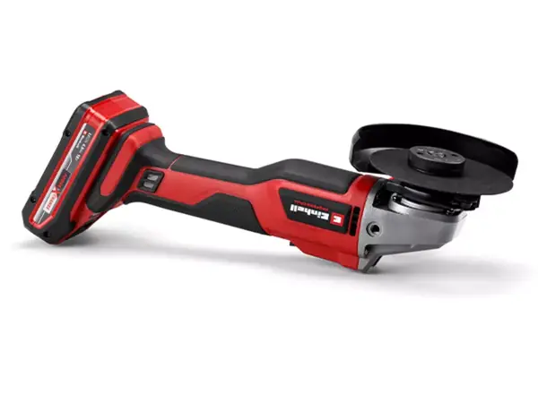 Seitliche Ansicht des Winkelschleifers mit flacher Gehäuseform als praktische Auflagefläche.