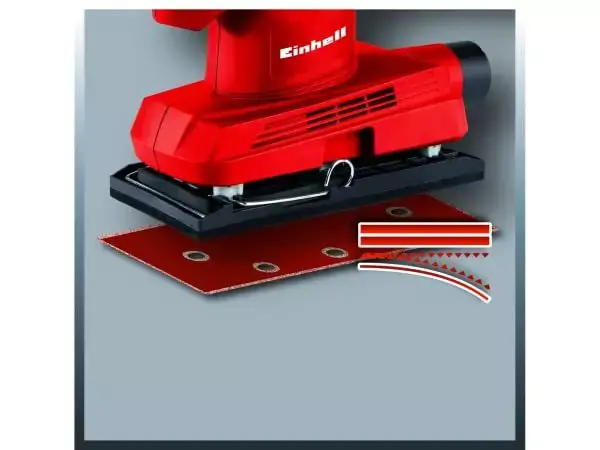 Vibrační bruska Einhell TC-OS 1520 s vloženým brusným papírem a zobrazením možností upevnění.