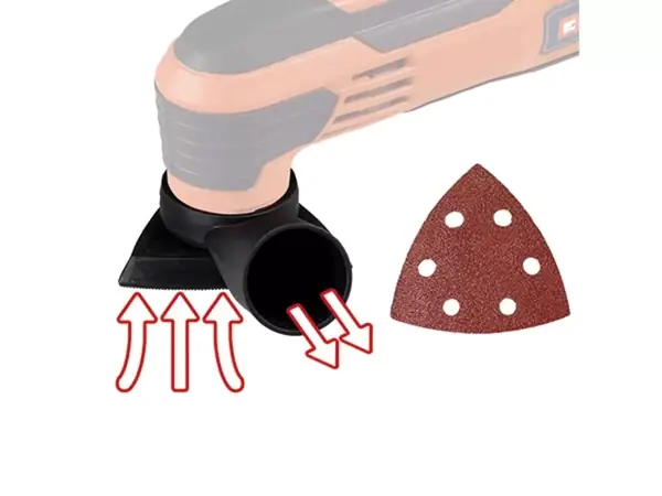 Staubabsaugung am Einhell Multifunktionswerkzeug TC-MG 250 CE mit montiertem Schleifaufsatz und Schleifpapier.