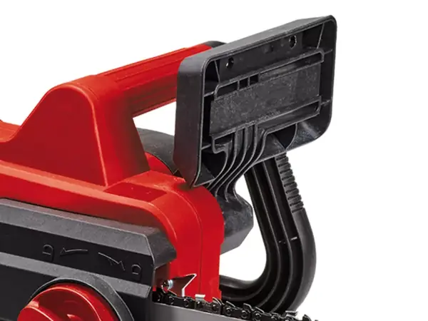 Die Einhell Elektro-Kettensäge GC-EC 2040 mit rotem Handschutz und Stoppsymbol als Sicherheitshinweis.