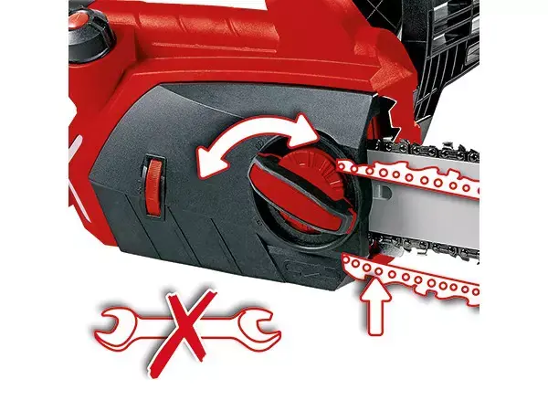 Beznástrojové napínání řetězu elektrické řetězové pily Einhell GE-EC 2240 se symbolem napínání na bílém pozadí