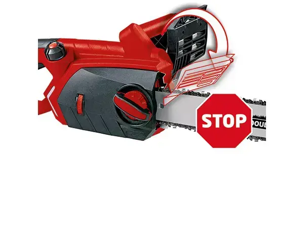 Kettenbremse elektrické řetězové pily Einhell GE-EC 2240 se symbolem STOP na bílém pozadí