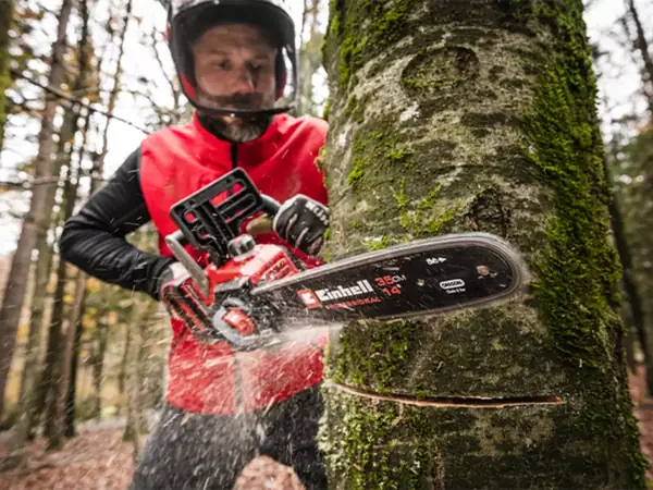 Osoba řeže akumulátorovou řetězovou pilou Einhell kmen stromu stojícího na místě.
