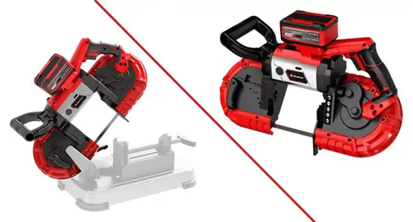 Zweigeteiltes Bild: Links ist die Einhell Akku-Metallbandsäge TE-MB 18/127 U Li mit Untergestell stationär im Einsatz, rechts handgeführt ohne Gestell.