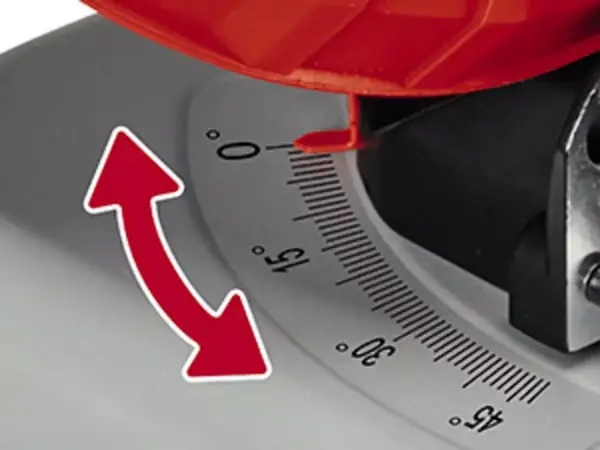 Nahaufnahme der Winkelskala im Untergestell für präzise Gehrungsschnitte.