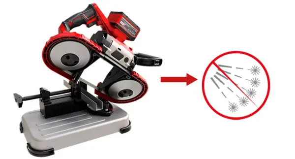 Die Einhell Akku-Metallbandsäge TE-MB 18/127 U Li auf einem Untergestell. Rechts ein Symbol, das funkenfreies Arbeiten zeigt.
