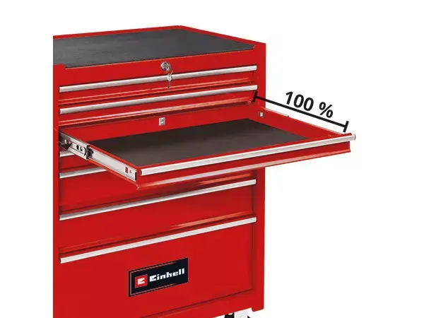 Dílenský vozík Einhell TC-TW 150 s plně vysunutými zásuvkami na bílém pozadí.