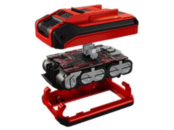 Explodovaný pohled na baterii Einhell Power X-Change s vnitřními články a elektronikou.