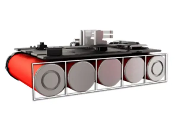 Schematické znázornění otevřeného akupacku s pěti viditelnými lithium-iontovými články a deskou plošných spojů nad nimi.