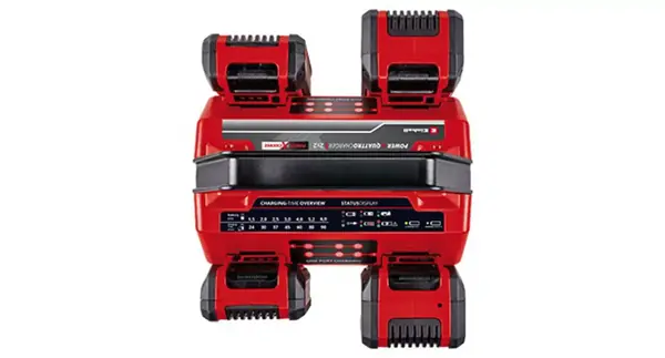 Einhell Power X-Quattrocharger 4A shora, se čtyřmi vloženými akumulátory, na bílém pozadí.