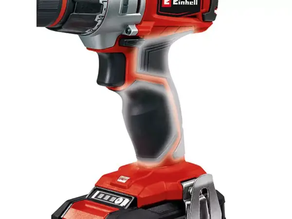 Pohled zepředu na aku vrtačku/šroubovák Einhell TE-CD 18/2 Li Kit s ergonomickým designem a plochami Softgrip.