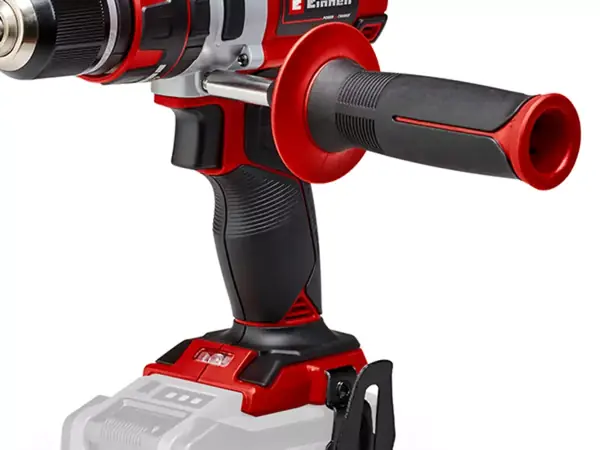 Boční pohled na aku-příklepovou vrtačku s namontovanou přídavnou rukojetí.